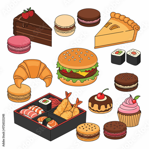 Cartoon Food Assortment Cakes Sushi Burger Croissant Macarons and Tempura Bento.