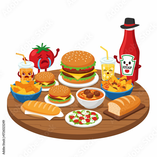 Cartoon Food Characters on a Wooden Table with Burgers Salad and Drinks.