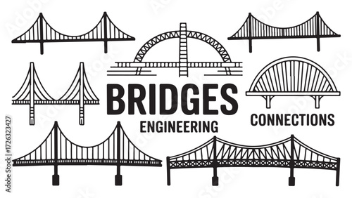 Collection of bridge illustrations engineering and connection concepts minimalist vector design isolated on white background