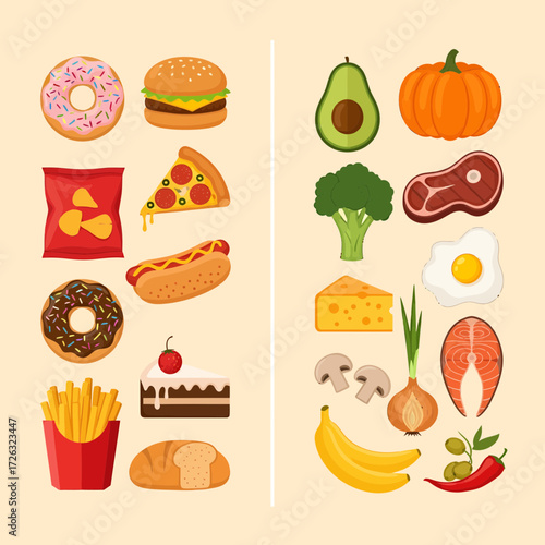 Juxtaposition of Unhealthy and Healthy Food Choices with Colorful Illustrations.