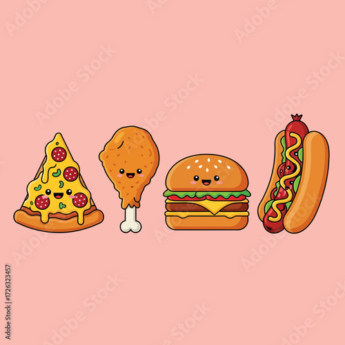 Kawaii Fast Food Cartoon Characters Pizza Chicken Burger and Hotdog.