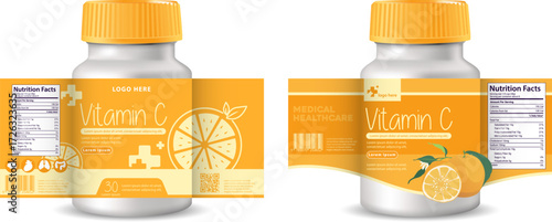 Clean and modern pills and vitamins bottle packaging template vector design. Perfect for pharmaceutical branding, supplement labels, medicine packaging, health product mockups, and medical projects.