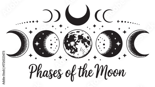 Phases of the moon vector illustration celestial cycle with stars minimalist design for astrology and space concepts