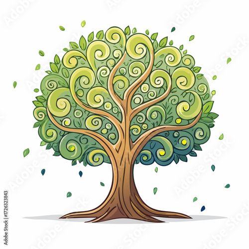 Whimsical Illustration of a Cartoon Tree with Lush Green Foliage and Delicate Leaves