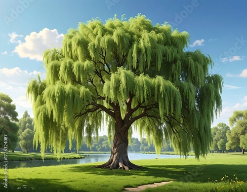 Fototapeta Naklejka Na Ścianę i Meble -  Serene Willow Tree Overlooking a Meadow Pond