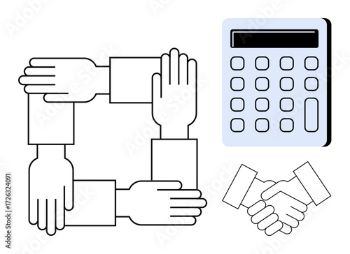Interlocking hands in a square, calculator, and handshake outline ideas of collaboration, financial strategy, and trust. Ideal for teamwork, finance, planning, partnership business cooperation