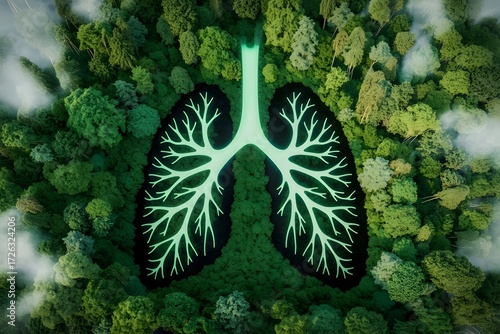 Glowing green lungs superimposed on a vibrant forest floor symbolizing the vital connection between respiratory health and the natural environment