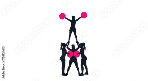 A pyramid cheerleading stunt featuring three athletes holding pom-poms during a routine.