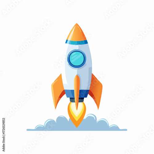 Vibrant cartoon rocket soaring upwards, depicting the exciting concept of new beginnings, successful ventures, rapid progress, and innovative startups, symbolizing advancement and future success