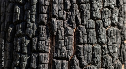 Detailed close-up showcasing the intricate patterns of charred and cracked bark texture