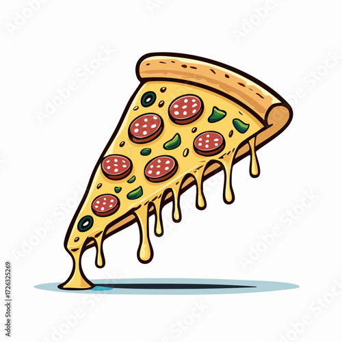 Delicious Pizza Slice A Mouthwatering Illustration of Cheesy Goodness with Pepperoni and Olives