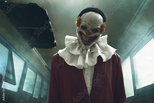 Man wearing scary clown mask, Halloween theme
