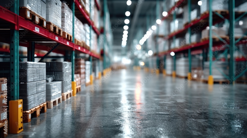 Fototapeta premium Vast Warehouse Interior with Pallet Rack Rows in Cinematic HDR