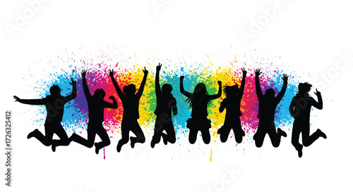 Colorful silhouettes of happy people jumping in celebration on white background.