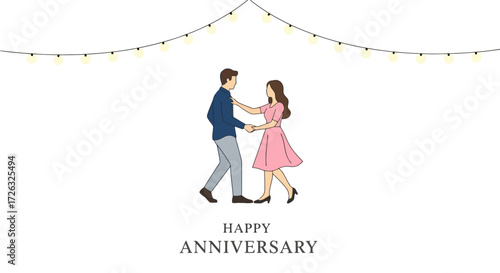 Elegant Anniversary Celebration Illustration Featuring Dancing Couple Under Festive Lights, Suitable for Greeting Cards, Invitations, and Romantic Event Designs.