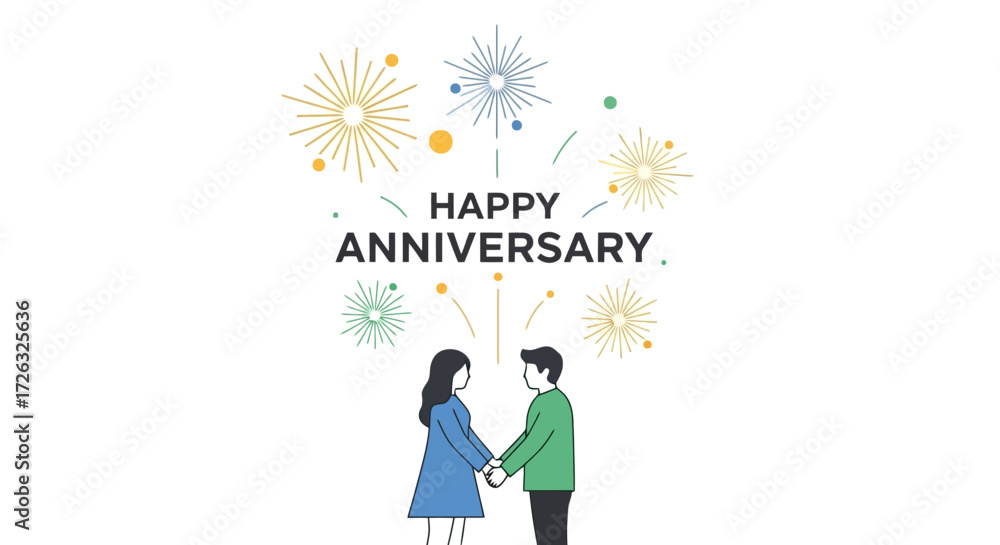Obraz premium Minimalist Anniversary Illustration Featuring a Couple Holding Hands and Festive Fireworks. Suitable for greeting cards, social media posts, and celebratory event promotions.
