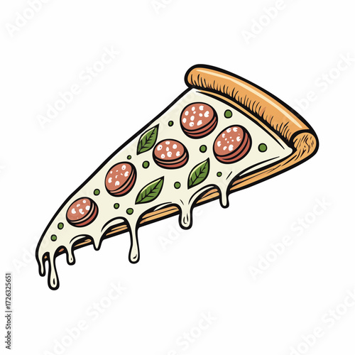 Delicious Pizza Slice Illustration with Pepperoni and Basil Accents