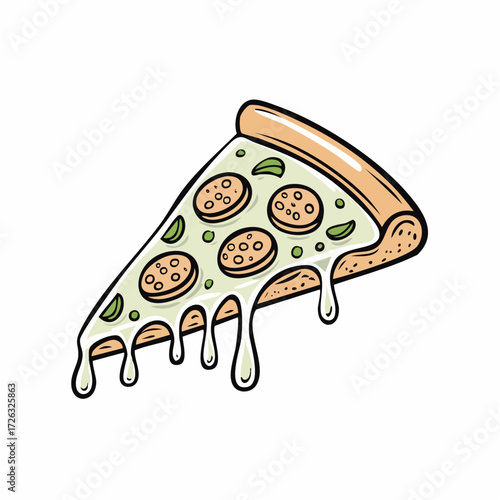 A slice of delicious pizza, dripping with melted cheese and topped with fresh herbs, presented as a vibrant illustration