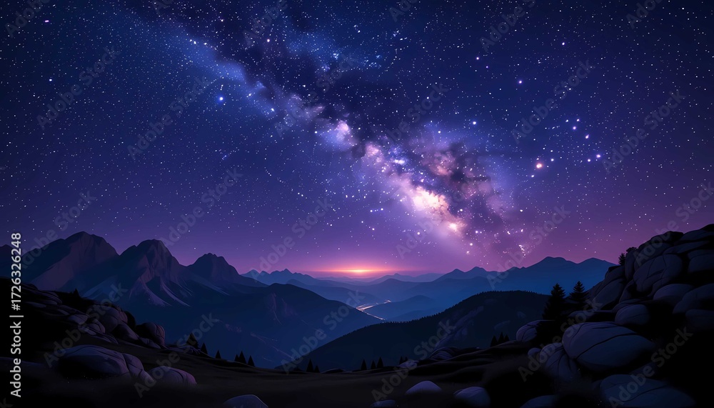 Fototapeta premium Dreamy atmosphere showing purple starlight, sparkling celestial universe, twilight