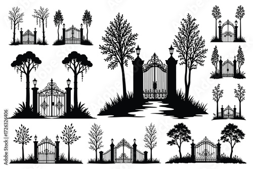 Ornate wrought iron gates with trees and lampposts