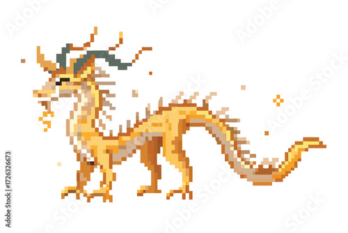  Eastern Dragon Pixel Art Character Sprite. Elegant Asian Fantasy Creature
