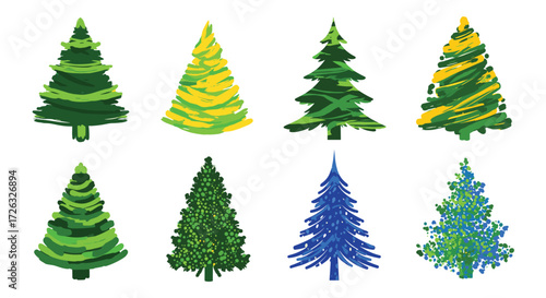 A collection of eight distinct pixel art Christmas trees in various shades of green yellow and blue.