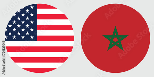 America and Morocco circular national flag on grey background , Round flat flag Vector design and digital illustration 