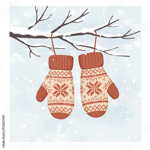 Vibrant flat 2D vector illustration of cozy, patterned knitted mittens hanging from a snow-dusted bare tree branch, against a subtle snowy backdrop, evoking a cheerful winter warmth.