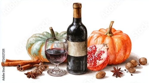 Autumnal arrangement displaying wine, pumpkins, pomegranate, nuts, and spices on white background