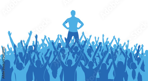 A leader standing tall above a cheering crowd of supporters raising their hands in excitement and celebration.