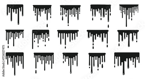 Collection of dripping black ink paint splatters and stains design elements.