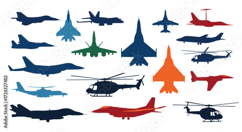 A diverse collection of military aircraft and helicopters in silhouette form.