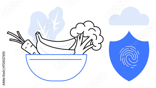 Bowl filled with fresh vegetables and fruit next to fingerprint shield, symbolizing food safety, wellness, and protection. Ideal for nutrition, health, organic food, security, quality assurance