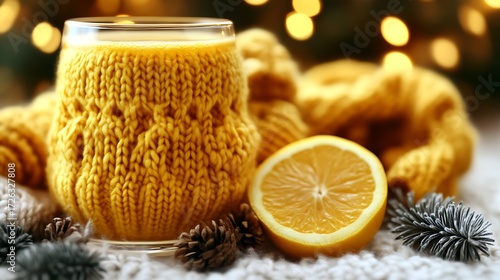 Golden drink in a cozy knit cup, winter comfort