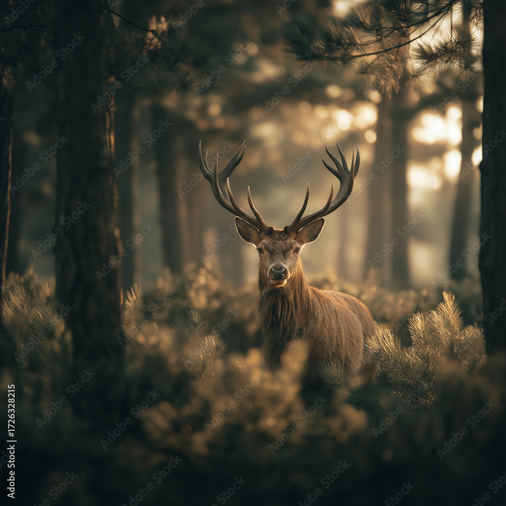 Obraz premium A calm deer stands among tall trees in a misty forest, bathed in soft golden light. Its wide antlers glow gently through the haze, capturing a peaceful and majestic moment of nature.