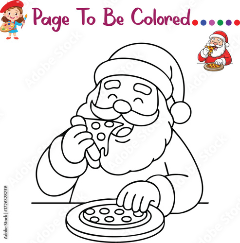 Santa Claus Eating Pizza Coloring Page for Kids Christmas Activity Sheet