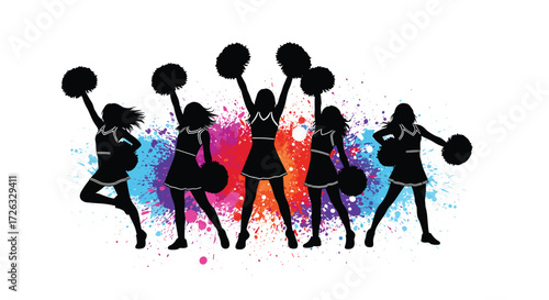 Energetic silhouettes of cheerleaders performing with colorful paint splatters in the background.