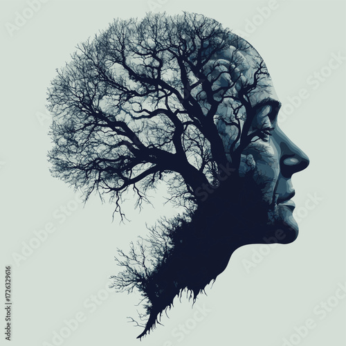 Concept for dementia brain desease. Head of old person with weaking tree inside. Cognitive disorder, memory problem vector illustration , vector style simple color