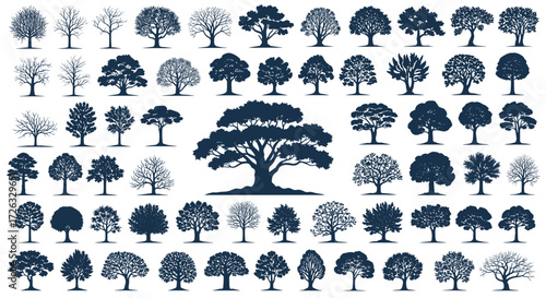 Collection of pixel art trees in silhouette with various shapes and sizes.