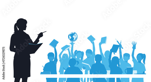 A teacher standing in front of a classroom with students raising their hands.