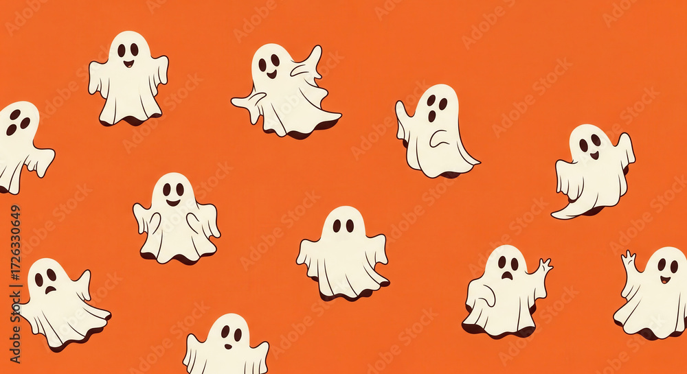 Naklejka premium A seamless Halloween pattern of cute, friendly cartoon ghosts floating on a bright orange background.