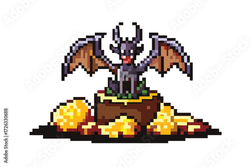 European Dragon Pixel Art Sprite. Medieval Fantasy Monster on Treasure Pile