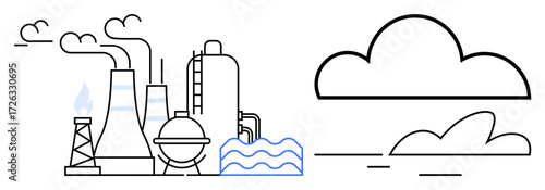 Factory buildings with chimneys emitting smoke beside water and clouds. Ideal for sustainability, environment, industry, air pollution, clean energy, climate change, ecological impact. Simple flat