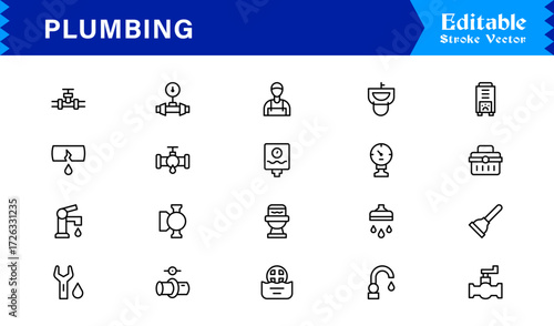 Plumbing line icon set featuring editable, pixel-perfect icons with a clean and modern design style. Perfect for plumbing, maintenance, repair, and construction themes.