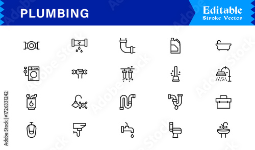 Plumbing line icon set featuring editable, pixel-perfect icons with a clean and modern design style. Perfect for plumbing, maintenance, repair, and construction themes.