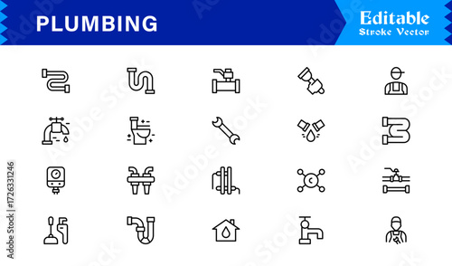 Plumbing line icon set featuring editable, pixel-perfect icons with a clean and modern design style. Perfect for plumbing, maintenance, repair, and construction themes.