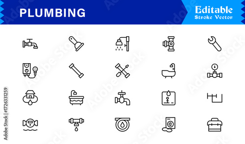 Plumbing line icon set featuring editable, pixel-perfect icons with a clean and modern design style. Perfect for plumbing, maintenance, repair, and construction themes.