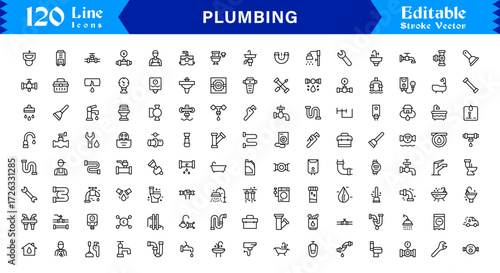 Plumbing line icon set featuring editable, pixel-perfect icons with a clean and modern design style. Perfect for plumbing, maintenance, repair, and construction themes.