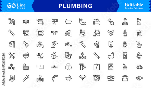 Plumbing line icon set featuring editable, pixel-perfect icons with a clean and modern design style. Perfect for plumbing, maintenance, repair, and construction themes.