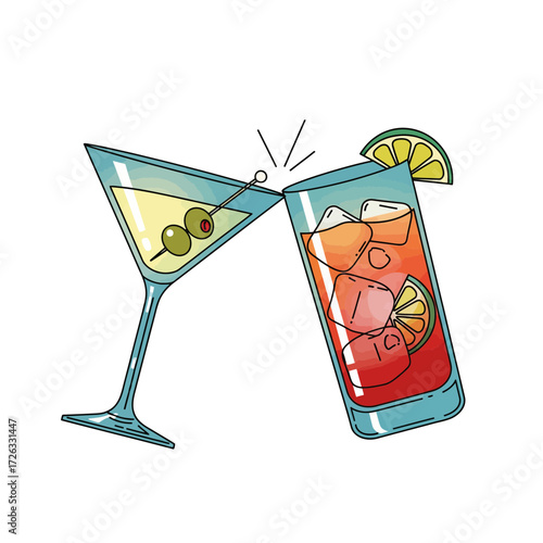 Two cocktails clinking glasses vector art illustration with a martini and a highball drink for celebration and festive occasion